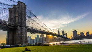 The Brooklyn Bridge, seen from the Brooklyn side of the East River.  Image credit:  New York Public Library