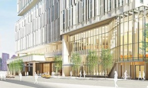 A rendering of the Memorial Sloan-Kettering/CUNY-Hunter College development, seen from 74th Street facing FDR Drive.  Image credit:  Memorial Sloan-Kettering Cancer Center