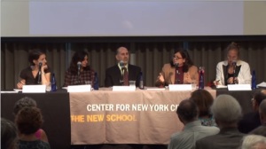 The New School hosted a panel on affordable housing and historic preservation, featuring (l. to r.) Rachel Meltzer, Nadine Maleh, Harvey Epstein, Rosie Mendez, and Gale Brewer. Image credit: The New School