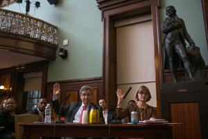 City Planning Chairman Carl Weisbrod and HPD Commissioner Vicki Been are sworn in before the Council's oversight hearing. Image credit: William Alatriste, New York City Council