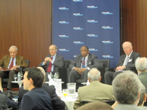 (l. to r.) Fritz Schwarz, Michael Cardozo, Zachary Carter, and Paul Crotty discuss challenges during their tenure as New York City Corporation Counsel. Image credit: CityLand