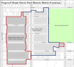 The proposed extension of the Mount Morris Park Historic District, outlined in red. Image credit: NYC LPC