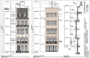 Architect's elevation study of front and rear facades of proposed townhouse. Image credit: LPC